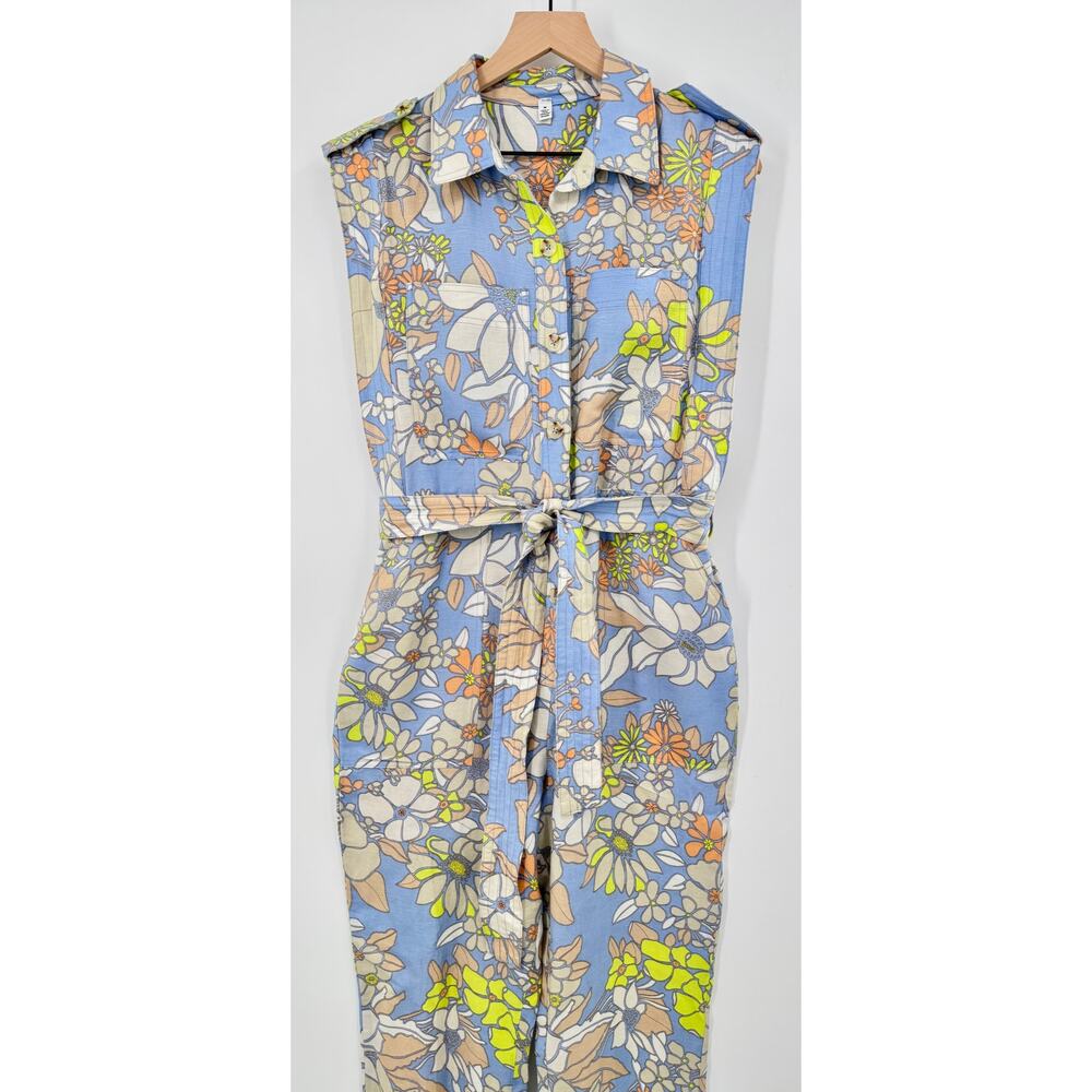 Current Air Pastel Utility Blue Floral Linen Jumpsuit Sleeveless Pantsuit M